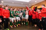 5 November 2017; Cork City players celebrate with the Irish Daily Mail FAI Senior Challenge Cup after the Irish Daily Mail FAI Senior Cup Final match between Cork City and Dundalk at Aviva Stadium in Dublin. Photo by Eóin Noonan/Sportsfile