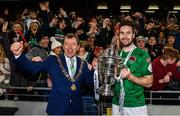 5 November 2017; Cork City's Gearóid Morrissey and Lord Mayor of Cork Tony Fitzgerald with the cup following the Irish Daily Mail FAI Senior Cup Final match between Cork City and Dundalk at the Aviva Stadium in Dublin. Photo by Ramsey Cardy/Sportsfile