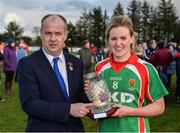 5 November 2017; Fiona McHale of Carnacon receives her player of the match award from Liam McDonagh, President of Connacht LGFA after the Connacht Ladies Football Senior Club Championship Final Replay match between Carnacon and Kilkerrin-Clonberne at Ballyhaunis GAA club in Ballyhaunis, Mayo. Photo by Oliver McVeigh/Sportsfile