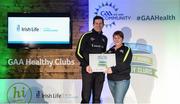 4 November 2017; Frankie Doran, representing Ballynacargy GAA, Co Westmeath, is presented with the Official Healthy Club Award by Seán Cavanagh, Healthy Clubs Ambassador and former Tyrone Footballer. The special ceremony held in Croke Park saw 58 GAA clubs recognised as the first official ‘Healthy Clubs’ on the island of Ireland. The GAA’s Healthy Clubs Project hopes to transform GAA clubs nationally into hubs for community health and wellbeing. As part of the programme, each club is trained to deliver advice and information programmes on a variety of different topics including, physical activity; emotional wellbeing; healthy eating; community development, to name but a few. For more information, visit: www.gaa.ie/community. Croke Park, Dublin. Photo by Piaras Ó Mídheach/Sportsfile