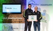 4 November 2017; Chris Daly, representing Tubber GAA, Co Offaly, is presented with the Official Healthy Club Award by Seán Cavanagh, Healthy Clubs Ambassador and former Tyrone Footballer. The special ceremony held in Croke Park saw 58 GAA clubs recognised as the first official ‘Healthy Clubs’ on the island of Ireland. The GAA’s Healthy Clubs Project hopes to transform GAA clubs nationally into hubs for community health and wellbeing. As part of the programme, each club is trained to deliver advice and information programmes on a variety of different topics including, physical activity; emotional wellbeing; healthy eating; community development, to name but a few. For more information, visit: www.gaa.ie/community. Croke Park, Dublin. Photo by Piaras Ó Mídheach/Sportsfile