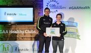 4 November 2017; Jane Donnelly, representing Kiltale Hurling & Camogie Club, Co Meath, is presented with the Official Healthy Club Award by Seán Cavanagh, Healthy Clubs Ambassador and former Tyrone Footballer. The special ceremony held in Croke Park saw 58 GAA clubs recognised as the first official ‘Healthy Clubs’ on the island of Ireland. The GAA’s Healthy Clubs Project hopes to transform GAA clubs nationally into hubs for community health and wellbeing. As part of the programme, each club is trained to deliver advice and information programmes on a variety of different topics including, physical activity; emotional wellbeing; healthy eating; community development, to name but a few. For more information, visit: www.gaa.ie/community. Croke Park, Dublin. Photo by Piaras Ó Mídheach/Sportsfile