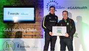 4 November 2017; Damian Groarke, representing Castlemitchell, Co Kildare, is presented with the Official Healthy Club Award by Seán Cavanagh, Healthy Clubs Ambassador and former Tyrone Footballer. The special ceremony held in Croke Park saw 58 GAA clubs recognised as the first official ‘Healthy Clubs’ on the island of Ireland. The GAA’s Healthy Clubs Project hopes to transform GAA clubs nationally into hubs for community health and wellbeing. As part of the programme, each club is trained to deliver advice and information programmes on a variety of different topics including, physical activity; emotional wellbeing; healthy eating; community development, to name but a few. For more information, visit: www.gaa.ie/community. Croke Park, Dublin. Photo by Piaras Ó Mídheach/Sportsfile