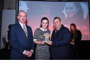 8 November 2017; Ciara Mcnamara of Cork City WFC being presented with her team of the year award by Eamon Naughton, Chairman of the womens national league committee, in the company of Tom Dennigan of Continental Tyres Ireland, during Continental Tyres Women's National League Awards at Guinness Storehouse in Dublin. Photo by Eóin Noonan/Sportsfile