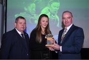 8 November 2017; Chloe Moloney of Peamount United being presented with her team of the year award by Tom Dennigan of Continental Tyres Ireland, in the company of Eamon Naughton, Chairman of the womens national league committee, during Continental Tyres Women's National League Awards at Guinness Storehouse in Dublin. Photo by Eóin Noonan/Sportsfile