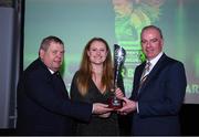 8 November 2017; Amber Barrett of Peamount United being presented with her Senior player of the year trophy by Eamon Naughton, Chairman of the womens national league committee, left and Tom Dennigan of Continental Tyres Ireland, during Continental Tyres Women's National League Awards at Guinness Storehouse in Dublin. Photo by Eóin Noonan/Sportsfile
