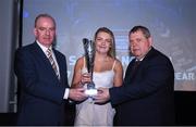 8 November 2017; Saoirse Noonan of Cork City WFC being presented with her young player of the year trophy by Tom Dennigan of Continental tyre's Ireland, left and Eamon Naughton, Chairman of the womens national league committe during Continental Tyres Women's National League Awards at Guinness Storehouse in Dublin. Photo by Eóin Noonan/Sportsfile