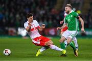 9 November 2017; Stuart Dallas of Northern Ireland in action against Fabian Schär of Switzerland during the FIFA 2018 World Cup Qualifier Play-off 1st leg match between Northern Ireland and Switzerland at Windsor Park in Belfast. Photo by Eóin Noonan/Sportsfile