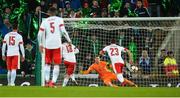 9 November 2017; Ricardo Rodríguez of Switzerland score a penalty and his side's first goal against Michael McGovern of Northern Ireland during the FIFA 2018 World Cup Qualifier Play-off 1st leg match between Northern Ireland and Switzerland at Windsor Park in Belfast. Photo by Oliver McVeigh/Sportsfile