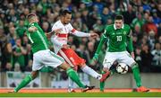 9 November 2017; Haris Seferovic of Switzerland in action against Gareth McAuley and Kyle Lafferty of Northern Ireland during the FIFA 2018 World Cup Qualifier Play-off 1st leg match between Northern Ireland and Switzerland at Windsor Park in Belfast. Photo by Oliver McVeigh/Sportsfile