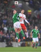 9 November 2017; Jordan Jones of Northern Ireland in action against Granit Xhaka of Switzerland during the FIFA 2018 World Cup Qualifier Play-off 1st leg match between Northern Ireland and Switzerland at Windsor Park in Belfast. Photo by Eóin Noonan/Sportsfile