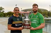 11 November 2017; The Eirgrid Ireland team captain Aidan O'Shea with the Cormac McAnallen Cup and the Australian captain Shaun Burgoyne during the Australia v Ireland - Virgin Australia International Rules Series 1st Test pre match photocall on the pedestrian bridge outside the Adelaide Oval in Adelaide, Australia. Photo by Ray McManus/Sportsfile