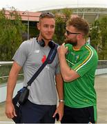 11 November 2017; The Eirgrid Ireland team captain Aidan O'Shea with Stuart Broad, MBE, Stuart Broad, the Nottinghamshire and England fast bowler, whom he met on the way to the  Australia v Ireland - Virgin Australia International Rules Series 1st Test pre match photocall on the Torrens River Footbridge outside the Adelaide Oval in Adelaide, Australia. Photo by Ray McManus/Sportsfile