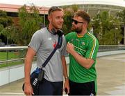 11 November 2017; The Eirgrid Ireland team captain Aidan O'Shea with Stuart Broad, MBE, the Nottinghamshire and England fast bowler, whom he met on the way to the  Australia v Ireland - Virgin Australia International Rules Series 1st Test pre match photocall on the Torrens River Footbridge outside the Adelaide Oval in Adelaide, Australia. Photo by Ray McManus/Sportsfile