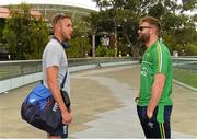 11 November 2017; The Eirgrid Ireland team captain Aidan O'Shea with Stuart Broad, MBE,the Nottinghamshire and England fast bowler, whom he met on the way to the  Australia v Ireland - Virgin Australia International Rules Series 1st Test pre match photocall on the Torrens River Footbridge outside the Adelaide Oval in Adelaide, Australia. Photo by Ray McManus/Sportsfile