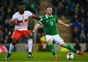 9 November 2017; Chris Brunt of Northern Ireland in action against Breel Embolo of Switzerland  during the FIFA 2018 World Cup Qualifier Play-off 1st leg match between Northern Ireland and Switzerland at Windsor Park in Belfast. Photo by Oliver McVeigh/Sportsfile