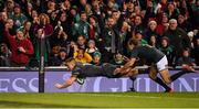 11 November 2017; Andrew Conway of Ireland scores his side's first try despite the tackle of Andries Coetzee of South Africa during the Guinness Series International match between Ireland and South Africa at the Aviva Stadium in Dublin. Photo by Brendan Moran/Sportsfile