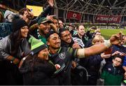 11 November 2017; Bundee Aki of Ireland takes a selfie with his daughter Adrianna, age 6, after the Guinness Series International match between Ireland and South Africa at the Aviva Stadium in Dublin. Photo by Brendan Moran/Sportsfile