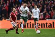 11 November 2017; James McClean of Republic of Ireland in action against Thomas Delaney of Denmark during the FIFA 2018 World Cup Qualifier Play-off 1st Leg match between Denmark and Republic of Ireland at Parken Stadium in Copenhagen, Denmark. Photo by Seb Daly/Sportsfile