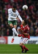 11 November 2017; Cyrus Christie of Republic of Ireland in action against Thomas Delaney of Denmark during the FIFA 2018 World Cup Qualifier Play-off 1st Leg match between Denmark and Republic of Ireland at Parken Stadium in Copenhagen, Denmark. Photo by Stephen McCarthy/Sportsfile