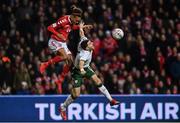11 November 2017; Yussuf Poulsen of Denmark in action against Stephen Ward of Republic of Ireland during the FIFA 2018 World Cup Qualifier Play-off 1st Leg match between Denmark and Republic of Ireland at Parken Stadium in Copenhagen, Denmark. Photo by Ramsey Cardy/Sportsfile
