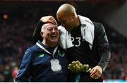 11 November 2017; Darren Randolph of Republic of Ireland and equipment officer Dick Redmond following the FIFA 2018 World Cup Qualifier Play-off 1st Leg match between Denmark and Republic of Ireland at Parken Stadium in Copenhagen, Denmark. Photo by Stephen McCarthy/Sportsfile