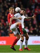 11 November 2017; Daryl Murphy of Republic of Ireland in action against Simon Kjær of Denmark during the FIFA 2018 World Cup Qualifier Play-off 1st Leg match between Denmark and Republic of Ireland at Parken Stadium in Copenhagen, Denmark. Photo by Ramsey Cardy/Sportsfile