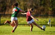 12 November 2017; Emma Reany of Galway takes a shot at goal despite the attentions of Claire Flatley of Mayo during the All Ireland U21 Ladies Football Final match between Mayo and Galway at St. Croans GAA Club in Keelty, Roscommon. Photo by Sam Barnes/Sportsfile