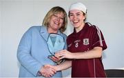 12 November 2017; Shauna Hynes of Galway is presented with her player of the match award by LGFA President Marie Hickey following the All Ireland U21 Ladies Football Final match between Mayo and Galway at St. Croans GAA Club in Keelty, Roscommon. Photo by Sam Barnes/Sportsfile