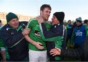12 November 2017; Aaron Masterson of Moorefield celebrates with supporters after the AIB Leinster GAA Football Senior Club Championship Quarter-Final match between Portlaoise and Moorefield at O'Moore Park in Portlaoise, Laois. Photo by Daire Brennan/Sportsfile