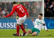 12 November 2017; Oliver Norwood of Northern Ireland in action against Ricardo Rodriguez of Switzerland during the FIFA 2018 World Cup Qualifier Play-off 2nd leg match between Switzerland and Northern Ireland at St. Jakob's Park in Basel, Switzerland. Photo by Roberto Bregani/Sportsfile