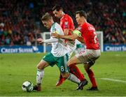 12 November 2017; Steven Davis of Northern Ireland in action against Blerim Dzemaili and Fabian Schaer of Switzerland during the FIFA 2018 World Cup Qualifier Play-off 2nd leg match between Switzerland and Northern Ireland at St. Jakob's Park in Basel, Switzerland. Photo by Roberto Bregani/Sportsfile