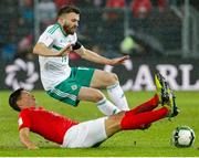 12 November 2017; Stuart Dallas of Northern Ireland in action against Fabian Schaer of Switzerland during the FIFA 2018 World Cup Qualifier Play-off 2nd leg match between Switzerland and Northern Ireland at St. Jakob's Park in Basel, Switzerland. Photo by Roberto Bregani/Sportsfile
