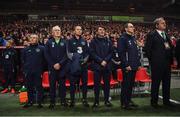 11 November 2017; Republic of Ireland manager Martin O'Neill, second from right, with assistants, from right, Steve Walford, Roy Keane, Steve Guppy, Seamus McDonagh and Dr Alan Byrne, team doctor, during the FIFA 2018 World Cup Qualifier Play-off 1st Leg match between Denmark and Republic of Ireland at Parken Stadium in Copenhagen, Denmark. Photo by Stephen McCarthy/Sportsfile
