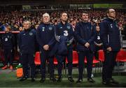 11 November 2017; Republic of Ireland manager Martin O'Neill, right, with assistants, from right, Roy Keane, Steve Guppy, Seamus McDonagh and Dr Alan Byrne, team doctor, during the FIFA 2018 World Cup Qualifier Play-off 1st Leg match between Denmark and Republic of Ireland at Parken Stadium in Copenhagen, Denmark. Photo by Stephen McCarthy/Sportsfile