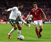 11 November 2017; Cyrus Christie of Republic of Ireland and Thomas Delaney of Denmark during the FIFA 2018 World Cup Qualifier Play-off 1st Leg match between Denmark and Republic of Ireland at Parken Stadium in Copenhagen, Denmark. Photo by Stephen McCarthy/Sportsfile