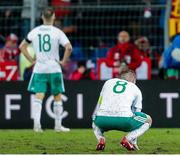 12 November 2017; Aaron Hughes, left, and Steven Davis of Northern Ireland dejected after the final whistle of the FIFA 2018 World Cup Qualifier Play-off 2nd leg match between Switzerland and Northern Ireland at St. Jakob's Park in Basel, Switzerland.  Photo by Roberto Bregani/Sportsfile