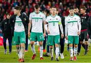 12 November 2017; Northern Ireland players, from left, Oliver Norwood, Patrick McNair, Steven Davis and Jordan Jones dejected following the FIFA 2018 World Cup Qualifier Play-off 2nd leg match between Switzerland and Northern Ireland at St. Jakob's Park in Basel, Switzerland. Photo by Roberto Bregani/Sportsfile
