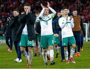 12 November 2017; Northern Ireland players, from left, Oliver Norwood, Steven Davis and Jordan Jones dejected following the FIFA 2018 World Cup Qualifier Play-off 2nd leg match between Switzerland and Northern Ireland at St. Jakob's Park in Basel, Switzerland. Photo by Roberto Bregani/Sportsfile