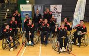 14 October 2017; Ulster players and coaches are joined by Connacht GAA Chairman Mick Rock following their victory against Ulster during the M. Donnelly GAA Wheelchair Hurling All-Ireland Final at Knocknarea Arena, I.T Sligo in Sligo. Photo by Seb Daly/Sportsfile