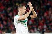 12 November 2017; Jonny Evans of Northern Ireland applauds the supporters after the final whistle of the FIFA 2018 World Cup Qualifier Play-off 2nd leg match between Switzerland and Northern Ireland at St. Jakob's Park in Basel, Switzerland. Photo by Roberto Bregani/Sportsfile
