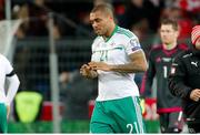 12 November 2017; Josh Magennis of Northern Ireland looks dejected after the FIFA 2018 World Cup Qualifier Play-off 2nd leg match between Switzerland and Northern Ireland at St. Jakob's Park in Basel, Switzerland. Photo by Roberto Bregani/Sportsfile
