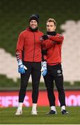 13 November 2017; Kasper Schmeichel, left, and Christian Eriksen during Denmark squad training at Aviva Stadium in Dublin. Photo by Stephen McCarthy/Sportsfile