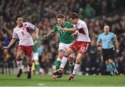 14 November 2017; Jeff Hendrick of Republic of Ireland in action against Thomas Delaney of Denmark and Andreas Bjelland of Denmark during the FIFA 2018 World Cup Qualifier Play-off 2nd leg match between Republic of Ireland and Denmark at Aviva Stadium in Dublin.Photo by Seb Daly/Sportsfile