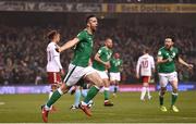 14 November 2017; Shane Duffy of Republic of Ireland celebrates after scoring his side's first goal during the FIFA 2018 World Cup Qualifier Play-off 2nd leg match between Republic of Ireland and Denmark at Aviva Stadium in Dublin. Photo by Stephen McCarthy/Sportsfile