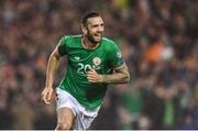 14 November 2017; Shane Duffy of Republic of Ireland celebrates after  scoring his side's first goal during the FIFA 2018 World Cup Qualifier Play-off 2nd leg match between Republic of Ireland and Denmark at Aviva Stadium in Dublin.Photo by Eóin Noonan/Sportsfile