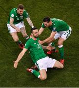 14 November 2017; Shane Duffy of Republic of Ireland celebrates after scoring his side's first goal with teamates James McClean, left, and Stephen Ward during the FIFA 2018 World Cup Qualifier Play-off 2nd leg match between Republic of Ireland and Denmark at Aviva Stadium in Dublin. Photo by Brendan Moran/Sportsfile