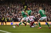 14 November 2017; Daryl Murphy of Republic of Ireland in action against Pione Sisto of Denmark during the FIFA 2018 World Cup Qualifier Play-off 2nd leg match between Republic of Ireland and Denmark at Aviva Stadium in Dublin.Photo by Seb Daly/Sportsfile