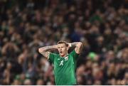 14 November 2017; James McClean of Republic of Ireland reacts after his shot narrowly misses the the goal during the FIFA 2018 World Cup Qualifier Play-off 2nd leg match between Republic of Ireland and Denmark at Aviva Stadium in Dublin.Photo by Seb Daly/Sportsfile