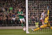 14 November 2017; James McClean of Republic of Ireland watches as his shot narrowly misses the goal during the FIFA 2018 World Cup Qualifier Play-off 2nd leg match between Republic of Ireland and Denmark at Aviva Stadium in Dublin.Photo by Seb Daly/Sportsfile